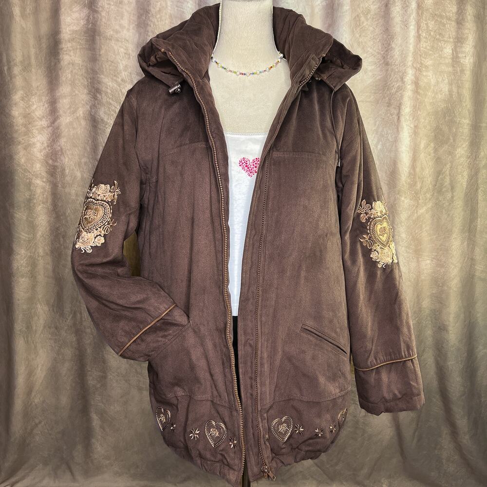 Vintage Y2K Floral Heart Embroidered Puffy Jacket Coat Brown Hooded Indie Sleaze